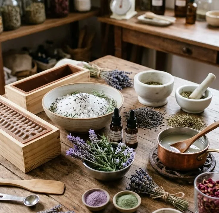 Bancada de trabalho da Apotecária: tigela de sal com lavanda, frascos conta-gotas, ramos de alfazema, formas de sabonete e panela de cobre sobre mesa de madeira