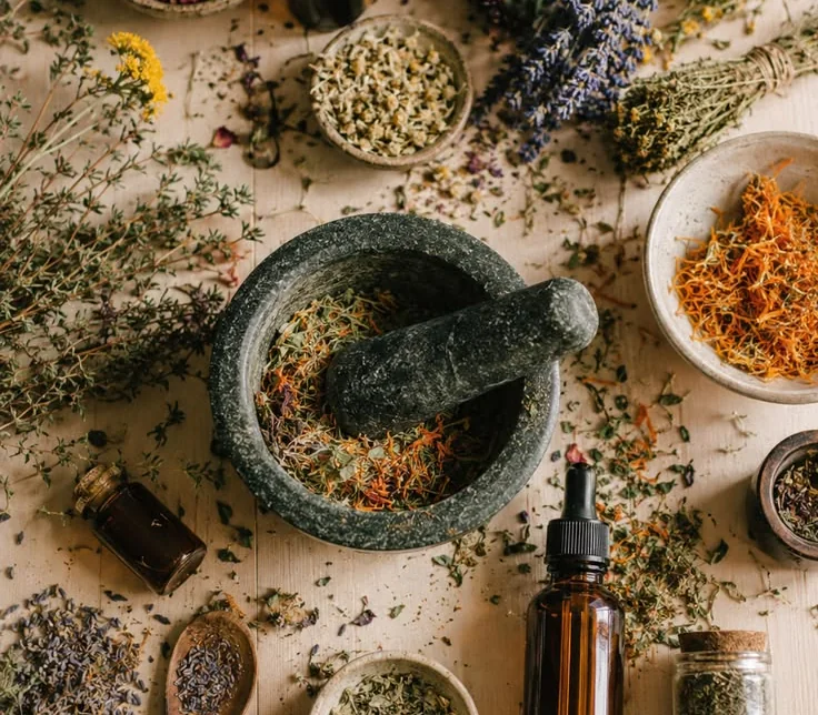 Pilão de pedra com flores de calêndula moídas, cercado por tigelas de ervas secas, pétalas de rosa, alfazema e frascos âmbar